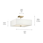KICHLER 43693NBR Shailene 11.25" 3-Light Medium Square Semi Flush With White Fabric Shade And Clear Satin Etched Diffuser In Natural Brass