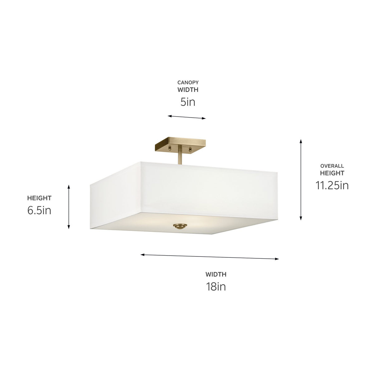 KICHLER 43693NBR Shailene 11.25" 3-Light Medium Square Semi Flush With White Fabric Shade And Clear Satin Etched Diffuser In Natural Brass
