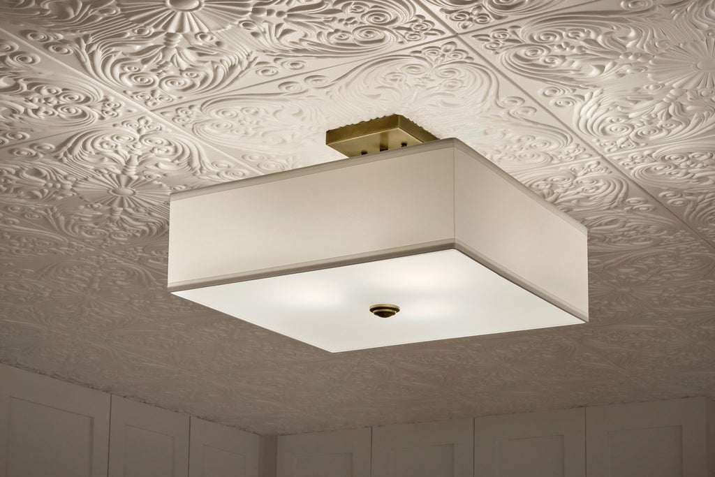 KICHLER 43693NBR Shailene 11.25" 3-Light Medium Square Semi Flush With White Fabric Shade And Clear Satin Etched Diffuser In Natural Brass