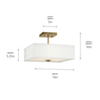 KICHLER 43691NBR Shailene 14" 3-Light Medium Square Semi Flush With White Fabric Shade And Clear Satin Etched Diffuser In Natural Brass