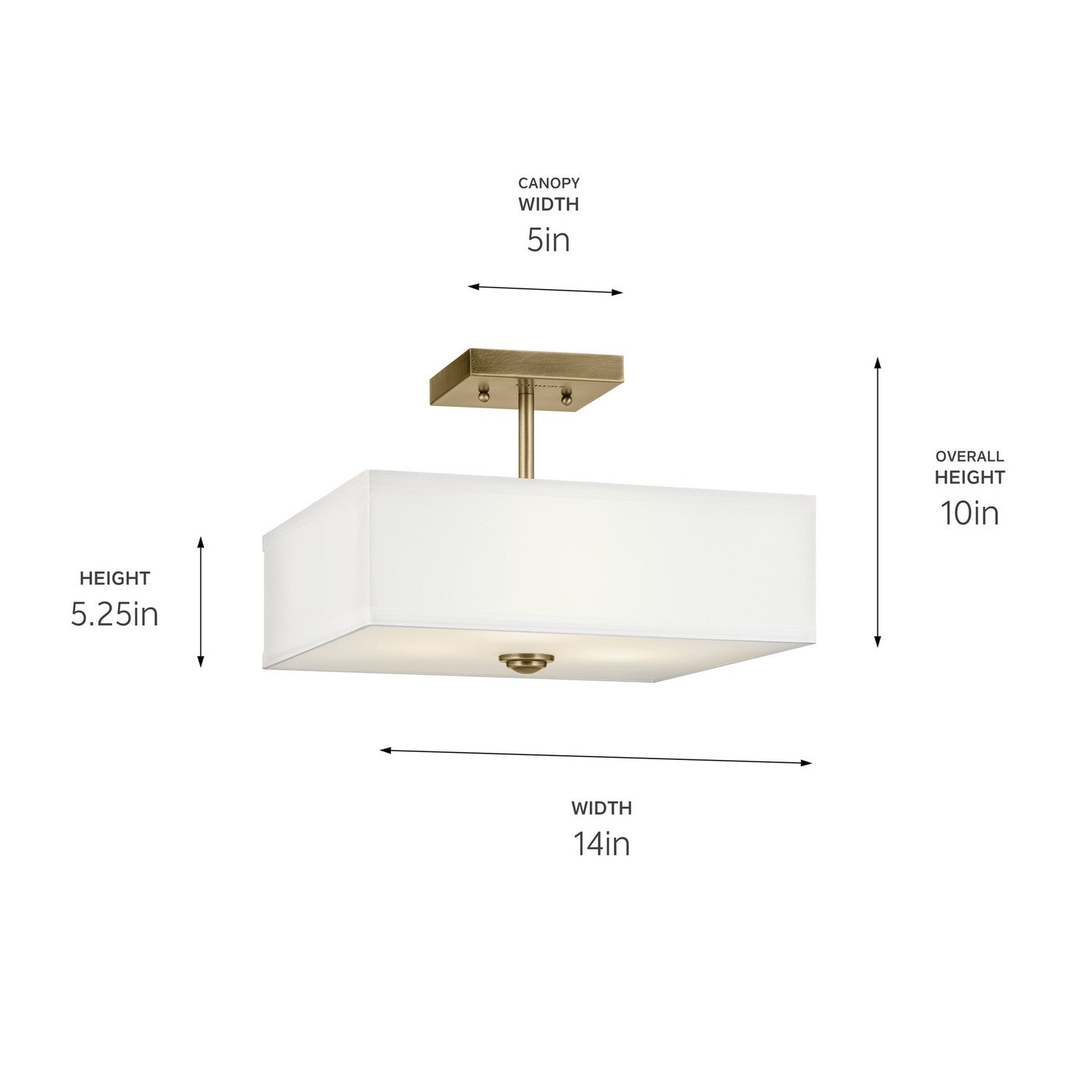 KICHLER 43691NBR Shailene 14" 3-Light Medium Square Semi Flush With White Fabric Shade And Clear Satin Etched Diffuser In Natural Brass