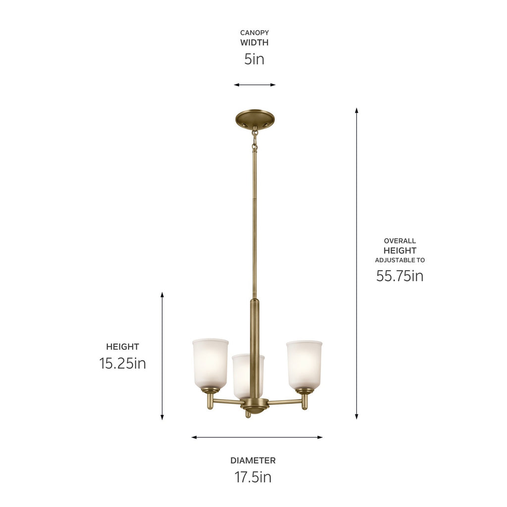 KICHLER 43670NBR Shailene 15.25" 3-Light Mini Chandelier With Clear Satin Etched Glass In Natural Brass