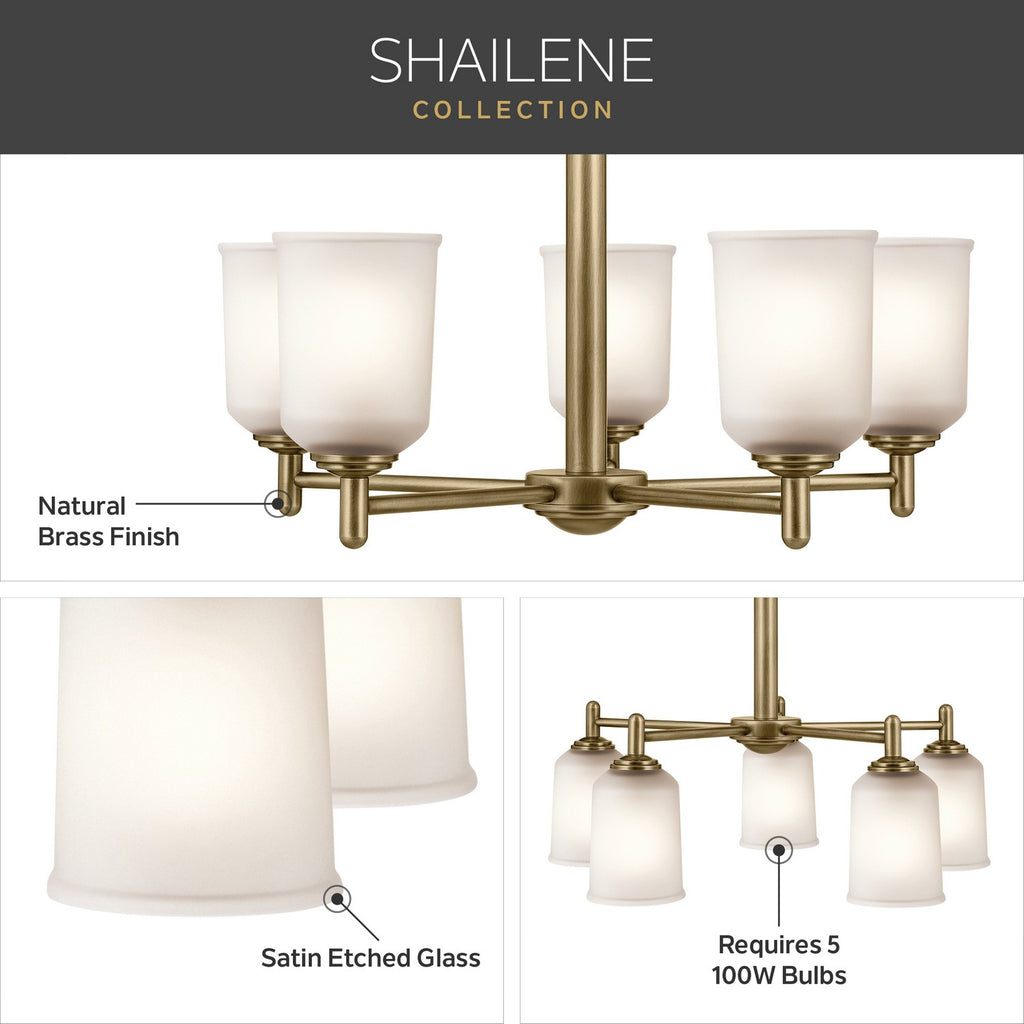 KICHLER 43671NBR Shailene 15.25" 5-Light Chandelier With Clear Satin Etched Glass In Natural Brass