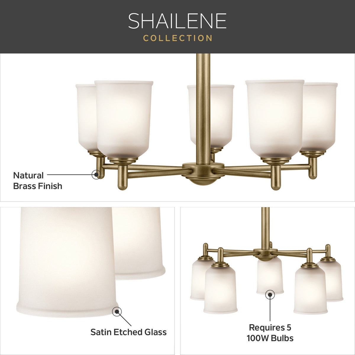 KICHLER 43671NBR Shailene 15.25" 5-Light Chandelier With Clear Satin Etched Glass In Natural Brass