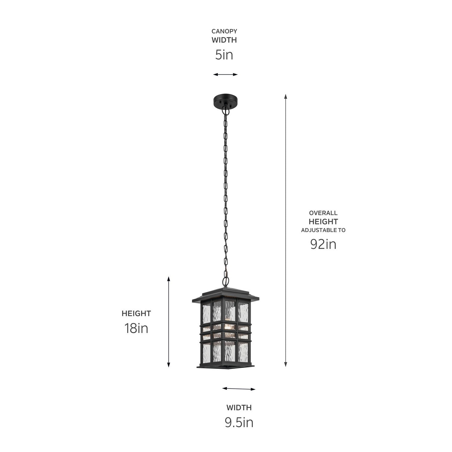 KICHLER 49833BKT Beacon Square 18" 1-Light Outdoor Hanging Light With Clear Hammered Glass In Textured Black