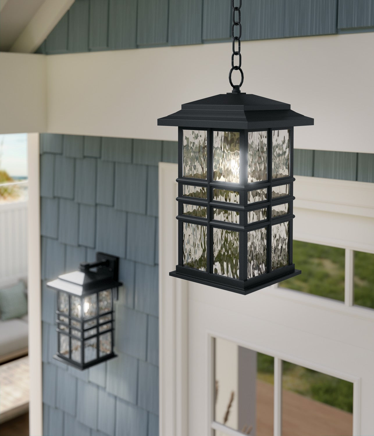 KICHLER 49833BKT Beacon Square 18" 1-Light Outdoor Hanging Light With Clear Hammered Glass In Textured Black