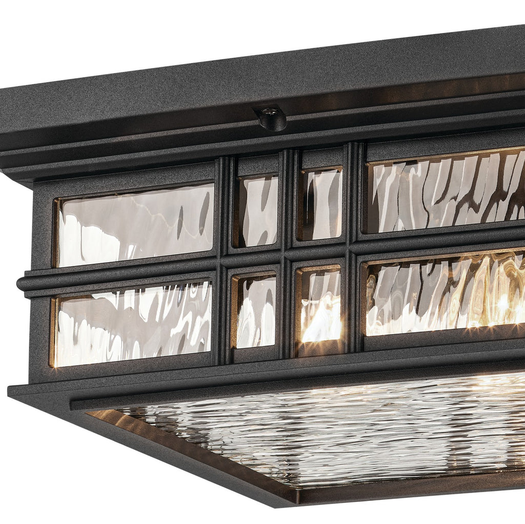 KICHLER 49834BKT Beacon Square 12" 2-Light Outdoor Ceiling Light With Clear Hammered Glass In Textured Black