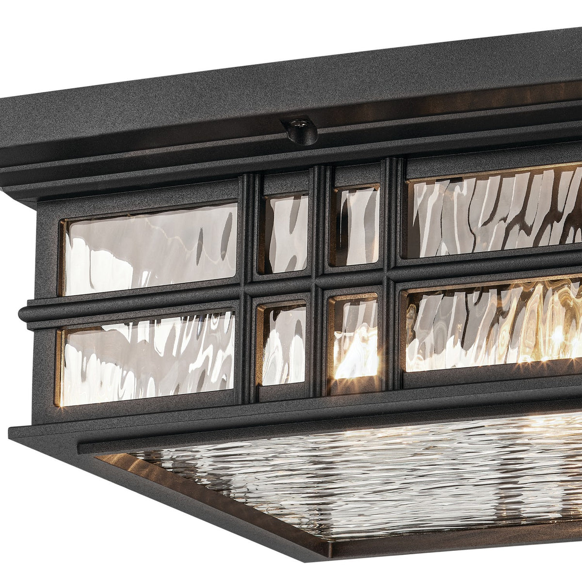 KICHLER 49834BKT Beacon Square 12" 2-Light Outdoor Ceiling Light With Clear Hammered Glass In Textured Black