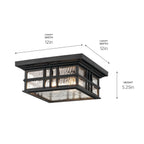 KICHLER 49834BKT Beacon Square 12" 2-Light Outdoor Ceiling Light With Clear Hammered Glass In Textured Black