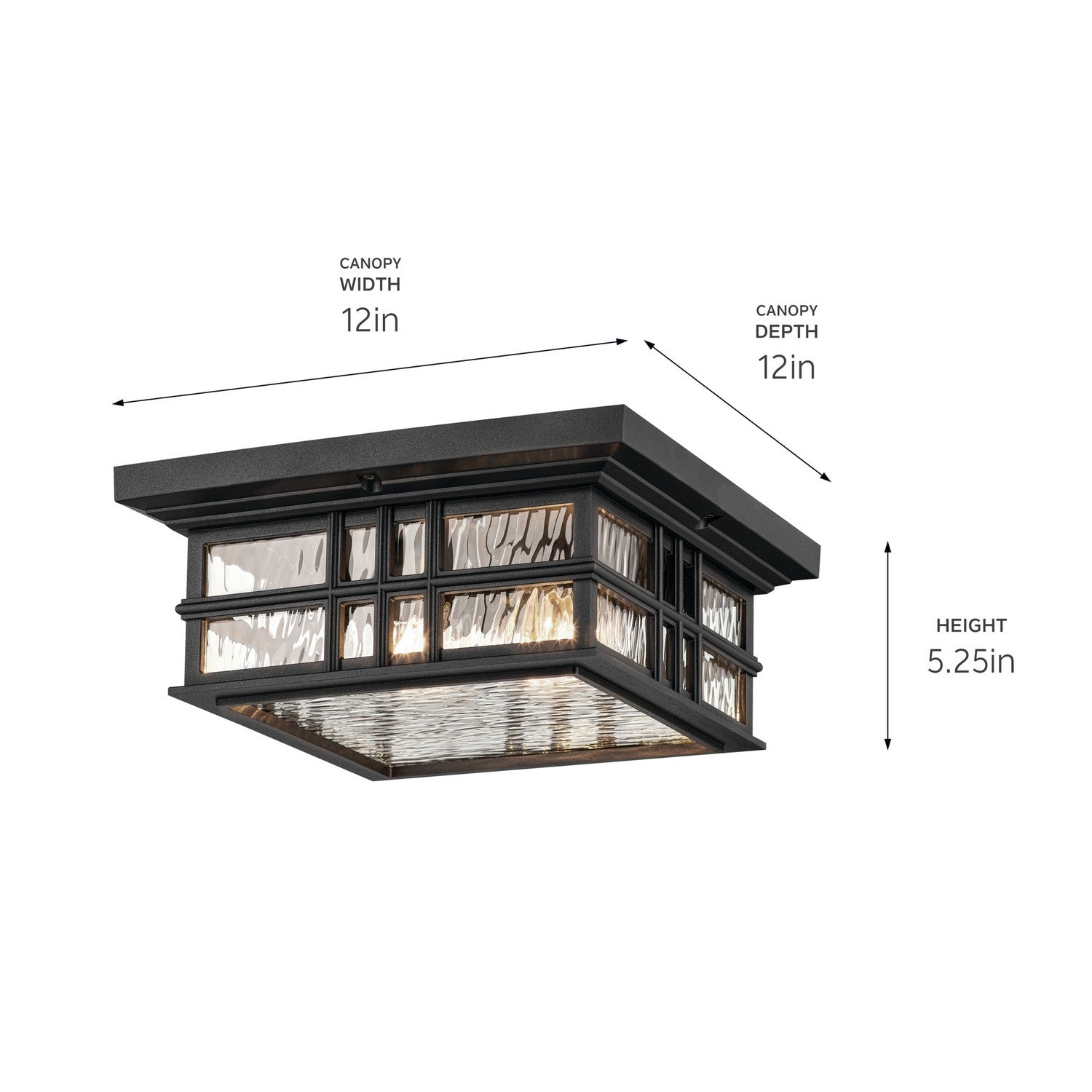 KICHLER 49834BKT Beacon Square 12" 2-Light Outdoor Ceiling Light With Clear Hammered Glass In Textured Black
