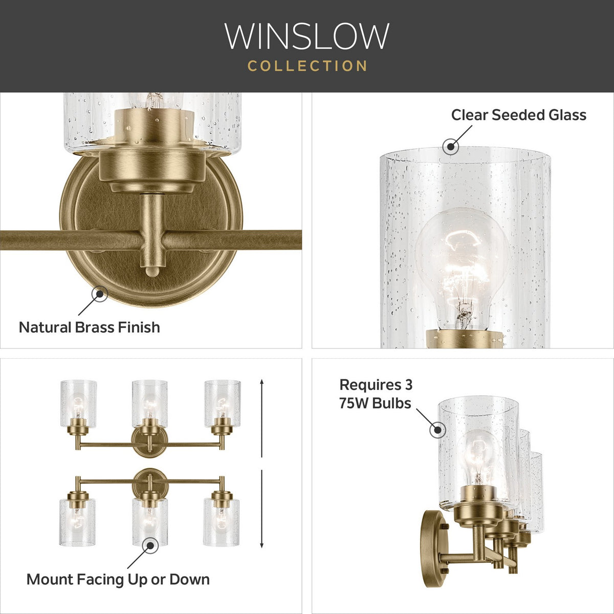KICHLER 45886NBR Winslow 21.5" 3-Light Vanity Light With Clear Seeded Glass In Natural Brass