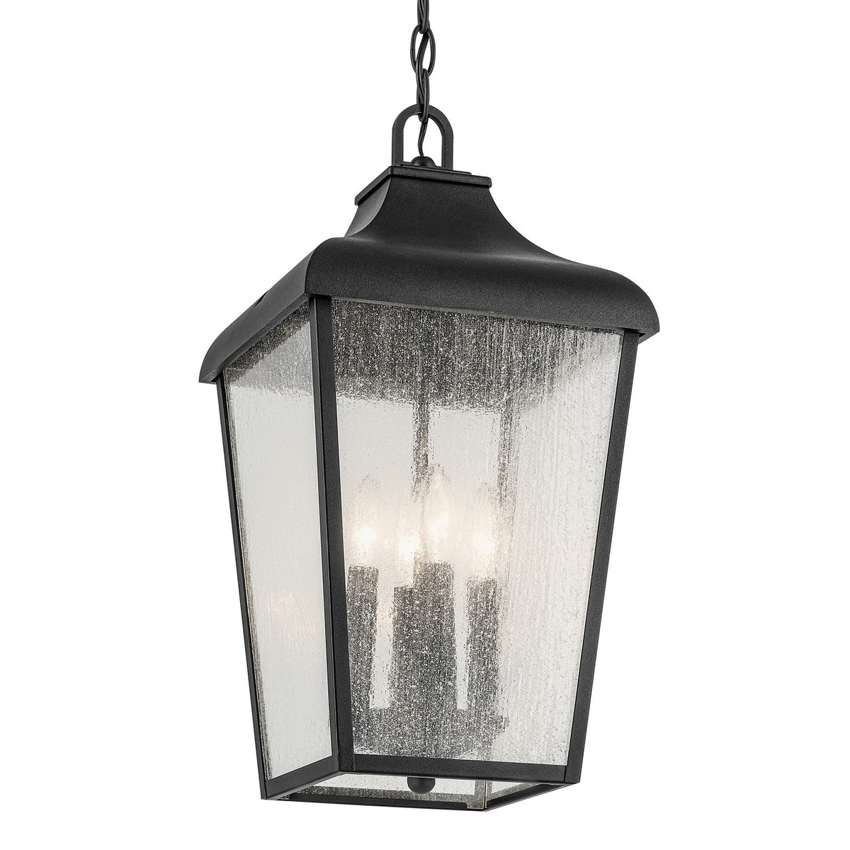 KICHLER 49740BKT Forestdale 19.75" 4-Light Outdoor Hanging Pendant With Clear Water Glass In Textured Black