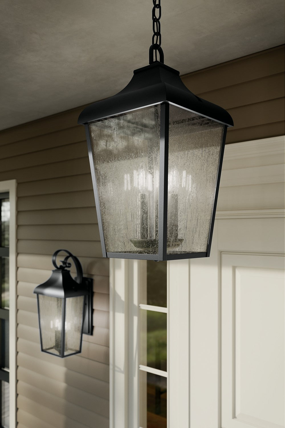 KICHLER 49740BKT Forestdale 19.75" 4-Light Outdoor Hanging Pendant With Clear Water Glass In Textured Black