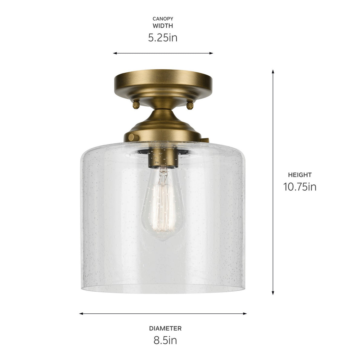 KICHLER 44033NBR Winslow 10.75" 1-Light Semi Flush With Clear Seeded Glass In Natural Brass