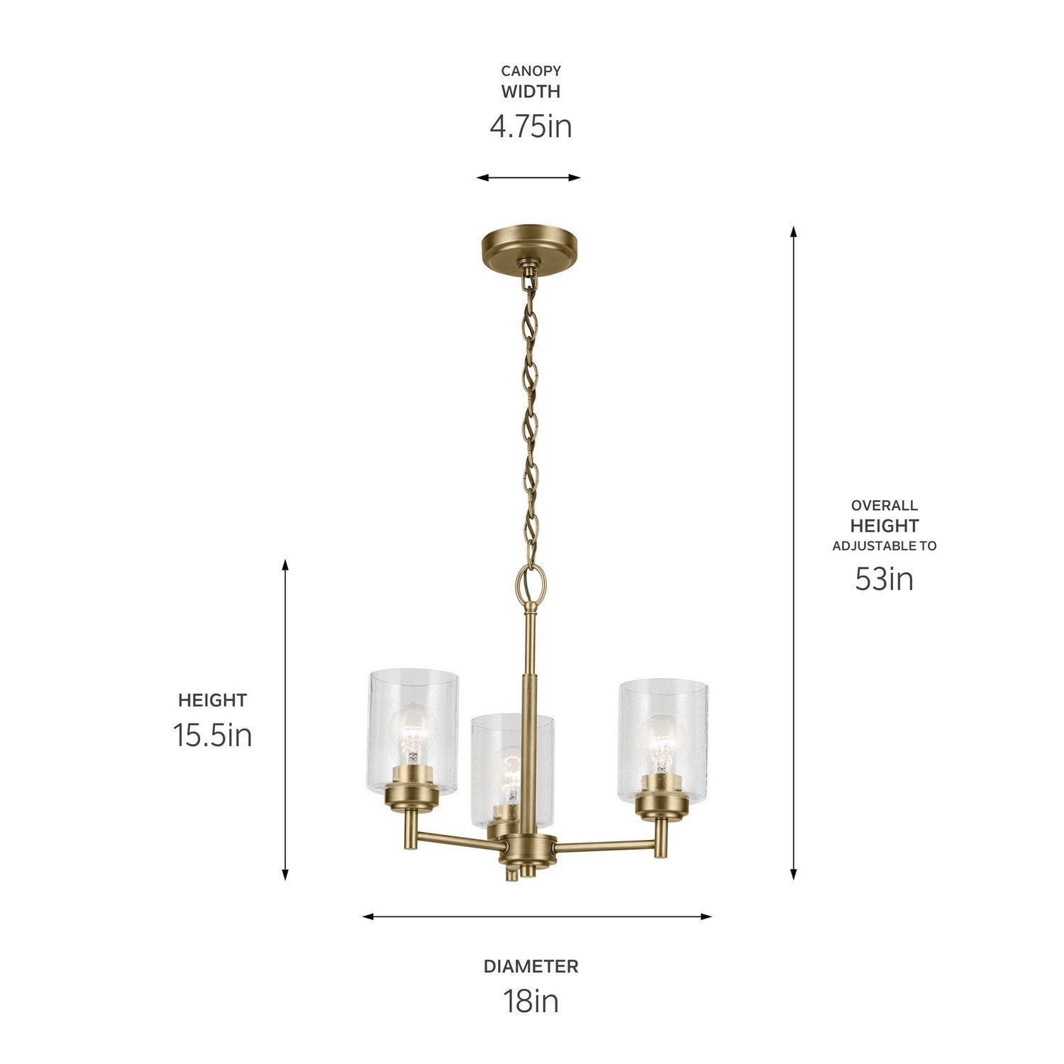 KICHLER 44029NBR Winslow 15.5" 3-Light Chandelier With Clear Seeded Glass In Natural Brass