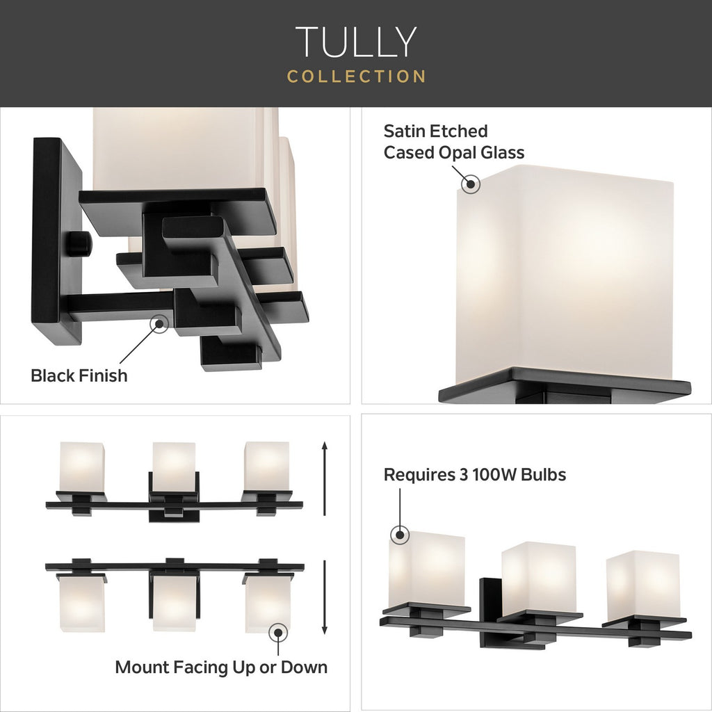 KICHLER 45151BK Tully 24" 3-Light Vanity Light With Satin Etched Cased Opal Glass In Black