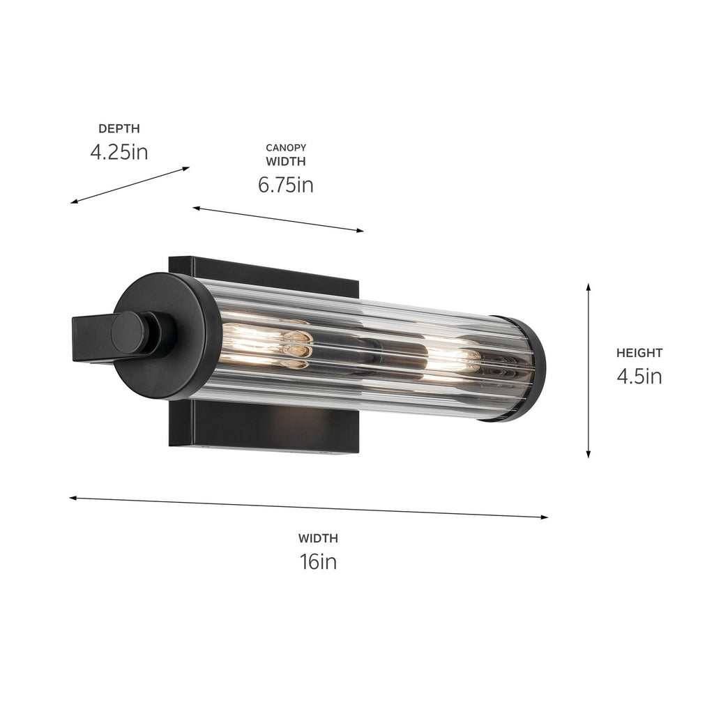 KICHLER 45648BK Azores 16" 2-Light Wall Sconce With Clear Fluted Glass In Black