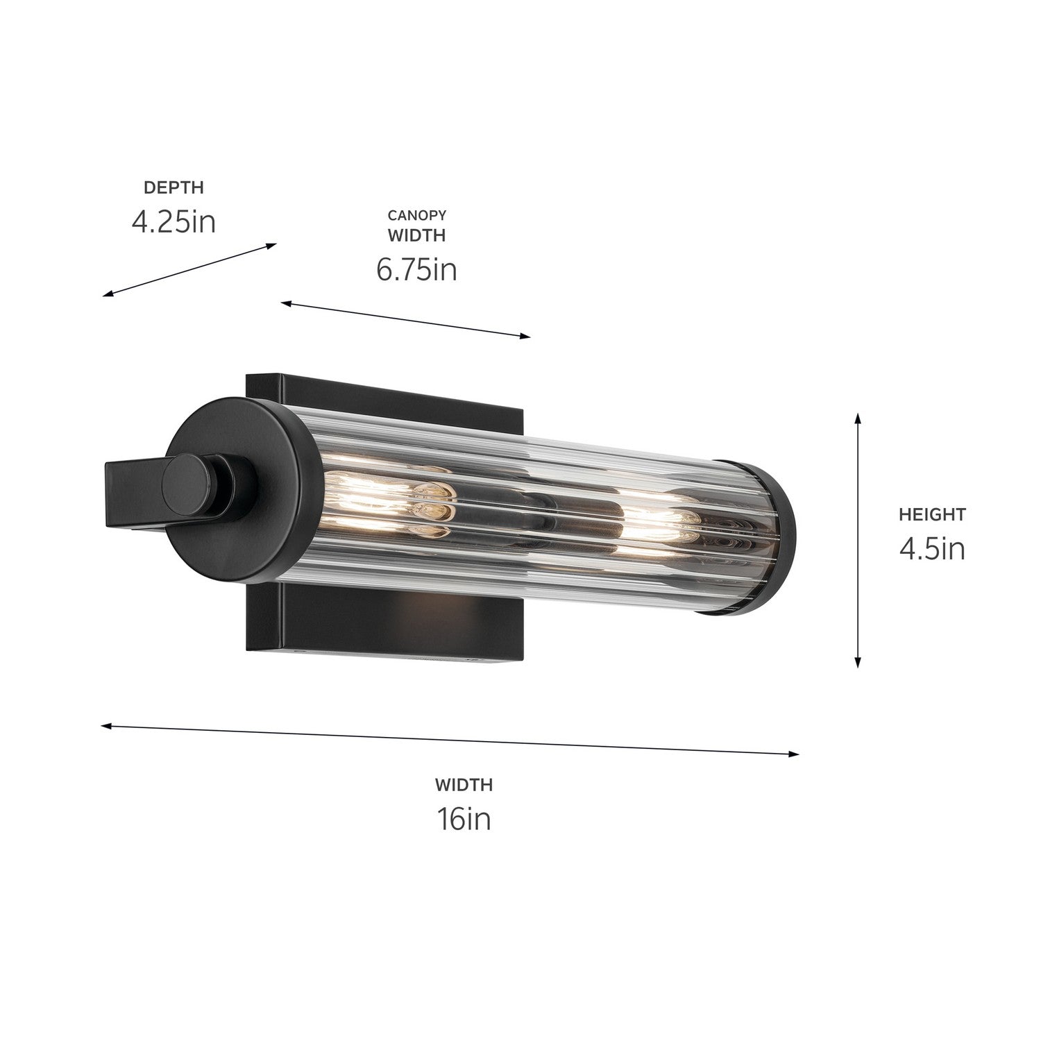 KICHLER 45648BK Azores 16" 2-Light Wall Sconce With Clear Fluted Glass In Black