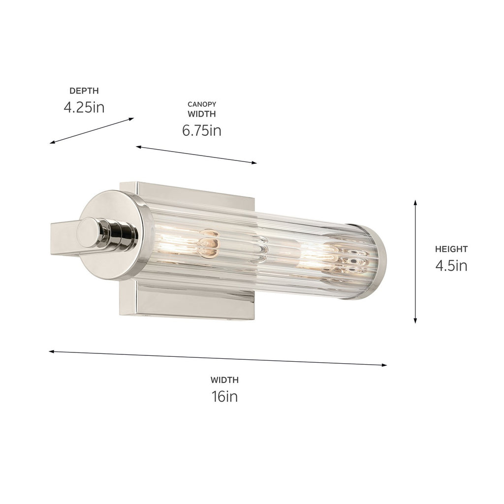 KICHLER 45648PN Azores 16" 2-Light Wall Sconce With Clear Fluted Glass In Polished Nickel