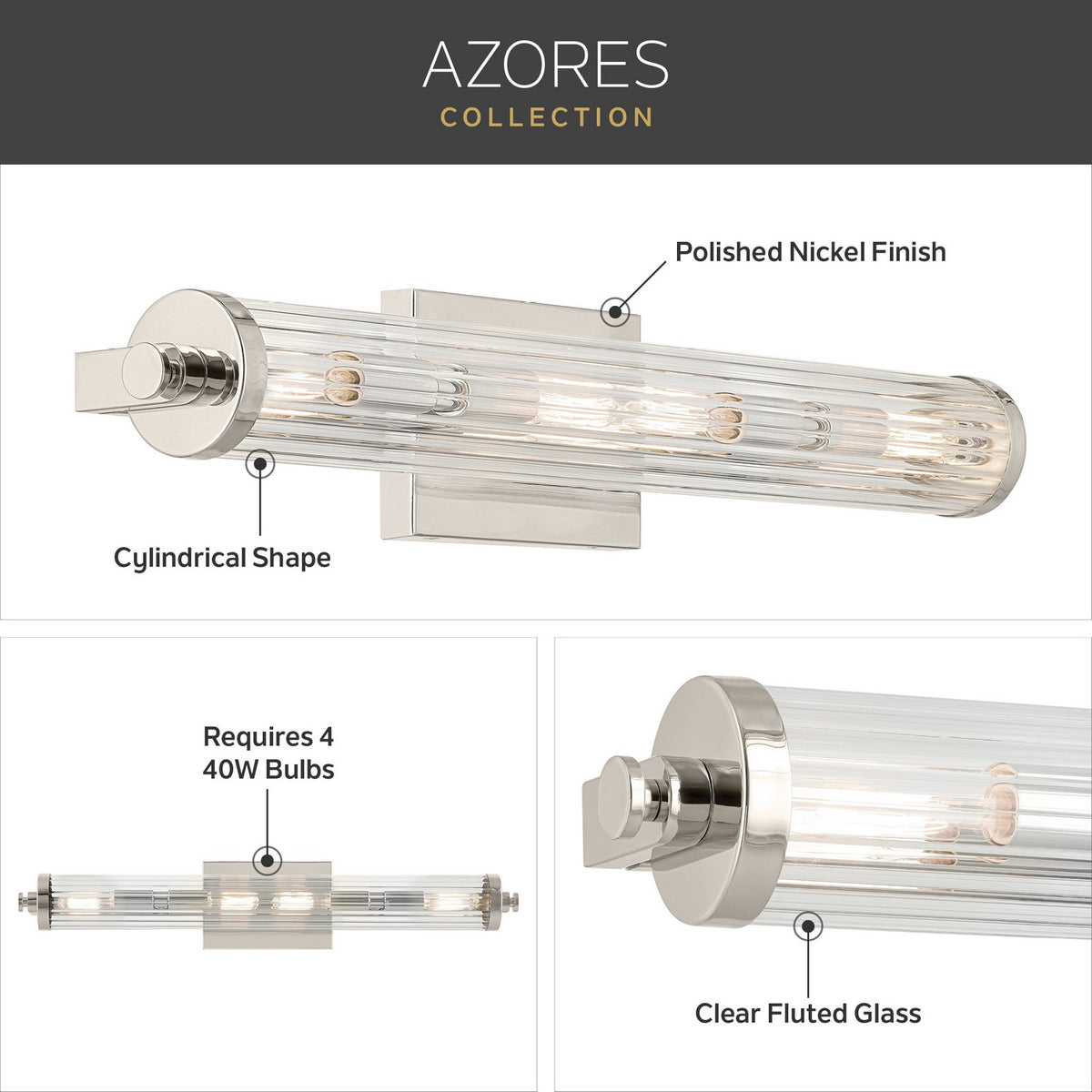 KICHLER 45649PN Azores 25" 4-Light Linear Vanity With Clear Fluted Glass In Polished Nickel