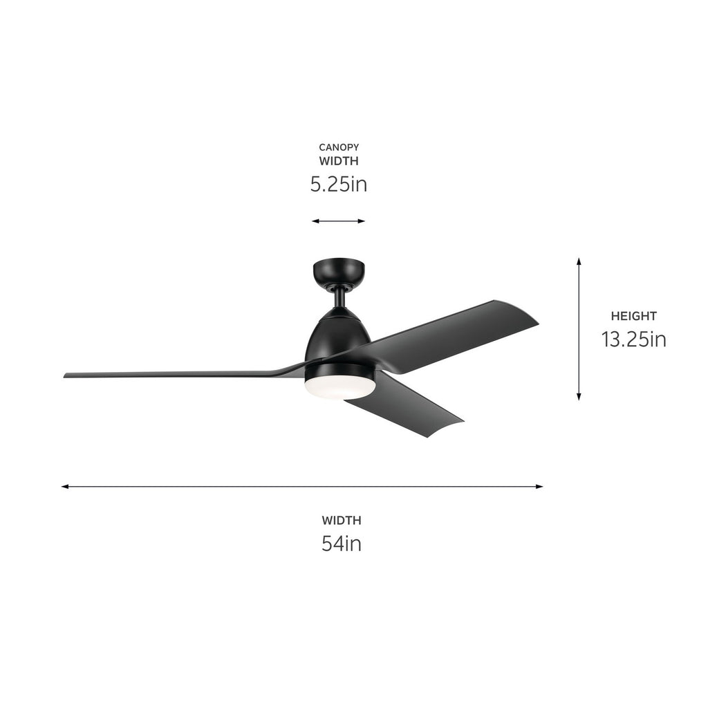 KICHLER 310254SBK 54 Inch Fit Ceiling Fan With Satin Etched Cased Opal Glass In Satin Black With Satin Black Blades
