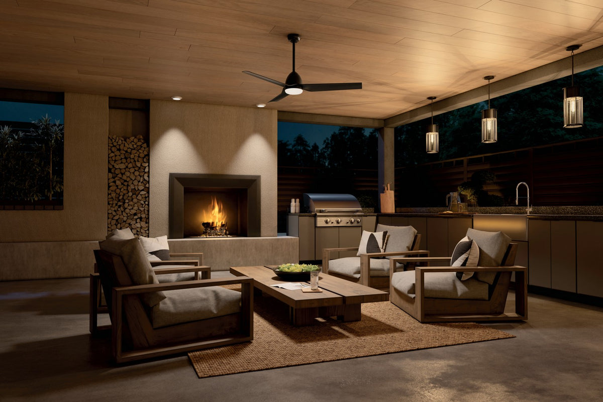 KICHLER 310254SBK 54 Inch Fit Ceiling Fan With Satin Etched Cased Opal Glass In Satin Black With Satin Black Blades