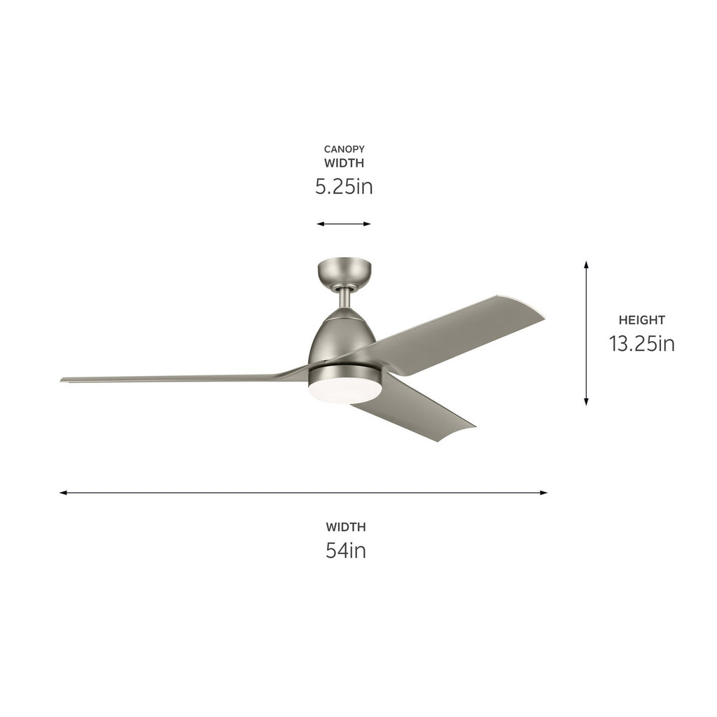 KICHLER 310254NI 54 Inch Fit Ceiling Fan With Satin Etched Cased Opal Glass In Brushed Nickel With Silver Blades