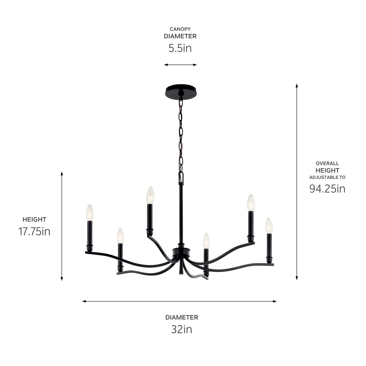 KICHLER 52695BK Malene 32 Inch 6 Light Chandelier In Black