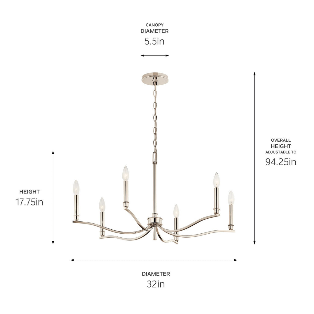 KICHLER 52695PN Malene 32 Inch 6 Light Chandelier In Polished Nickel