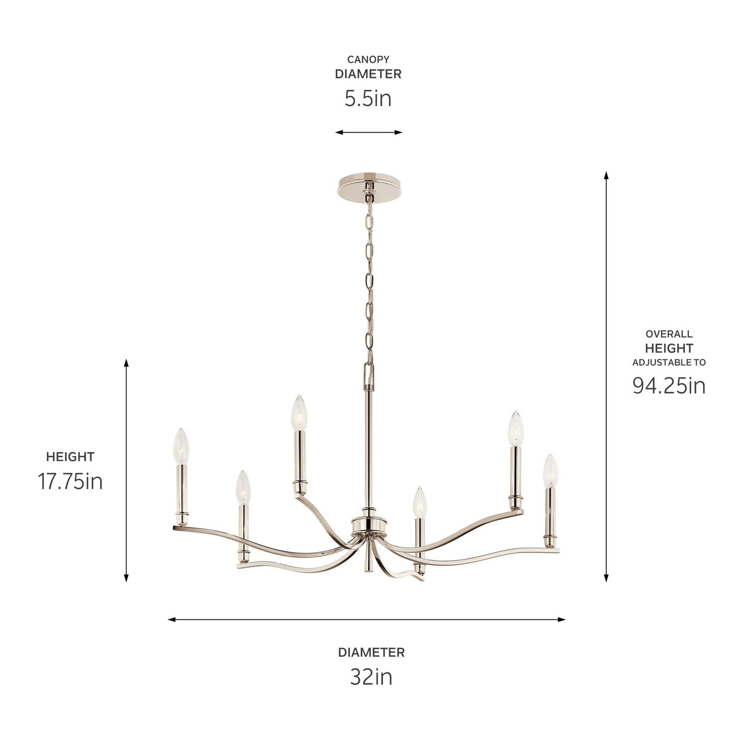 KICHLER 52695PN Malene 32 Inch 6 Light Chandelier In Polished Nickel