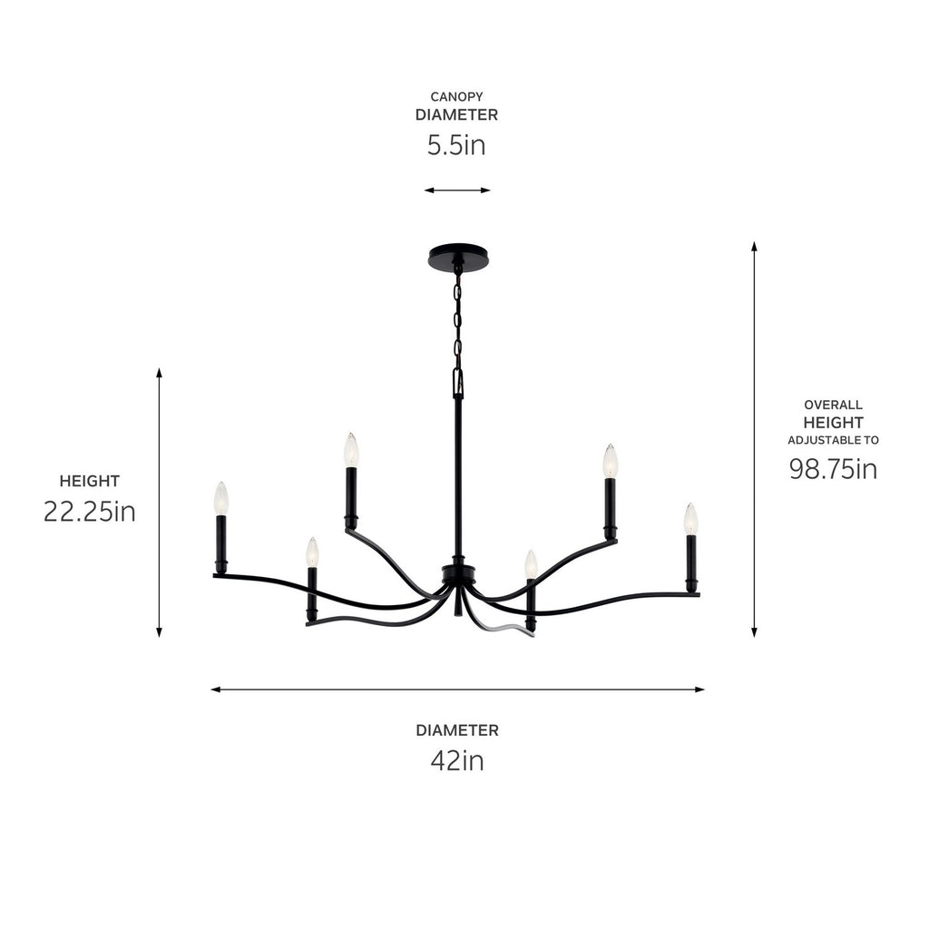KICHLER 52696BK Malene 42 Inch 6 Light Chandelier In Black