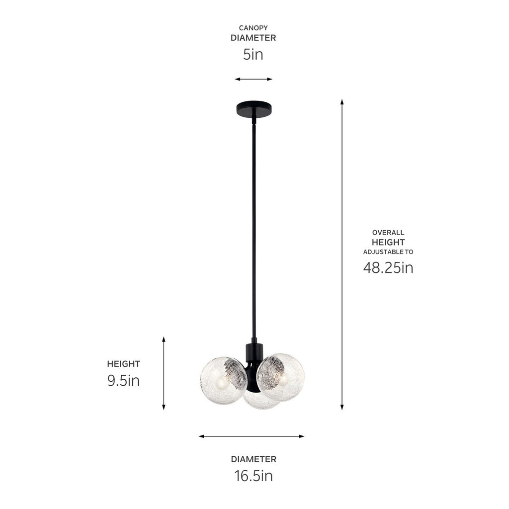 KICHLER 52700BK Silvarious 16.5 Inch 3 Light Convertible Pendant With Clear Crackled Glass In Black