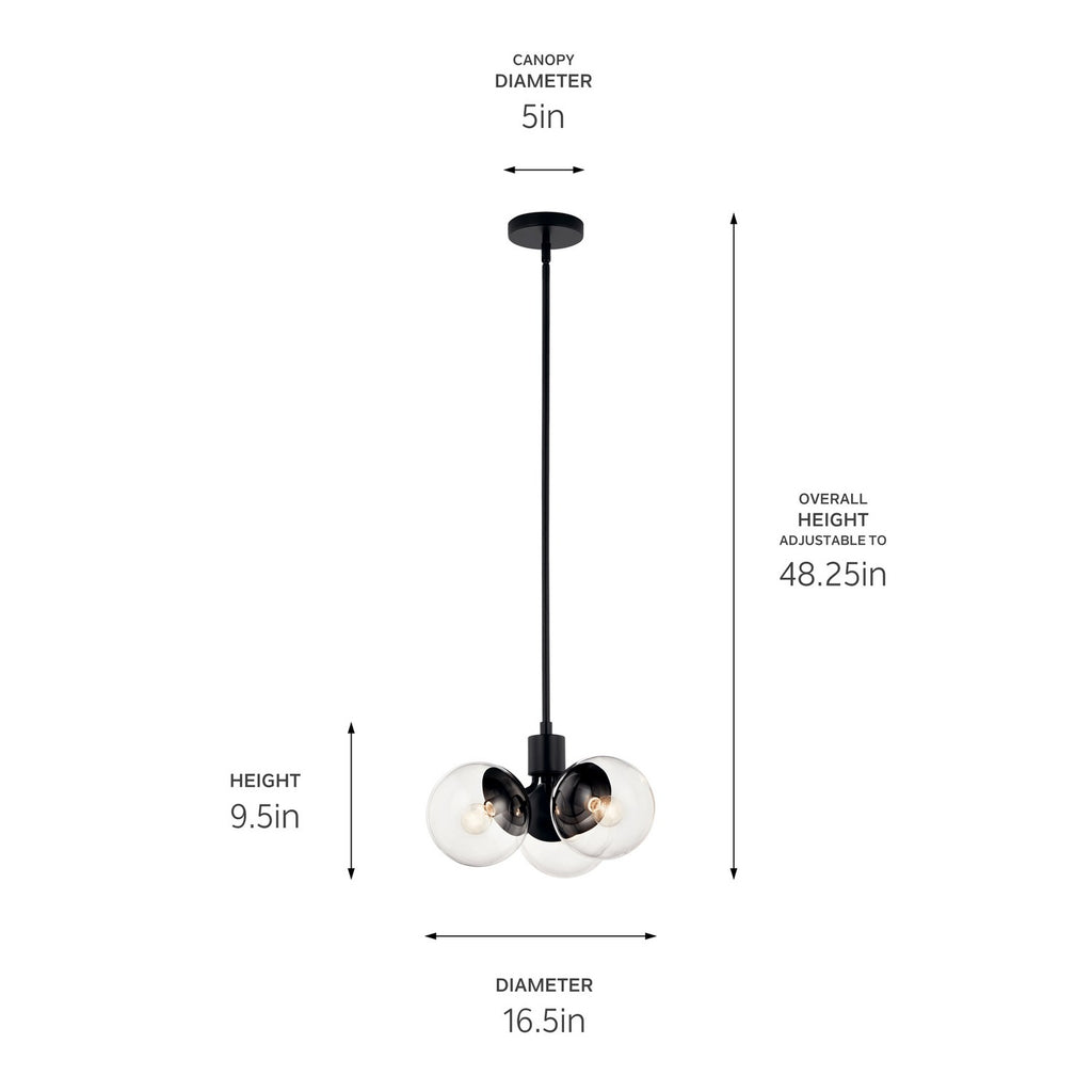 KICHLER 52700BKCLR Silvarious 16.5 Inch 3 Light Convertible Pendant With Clear Glass In Black
