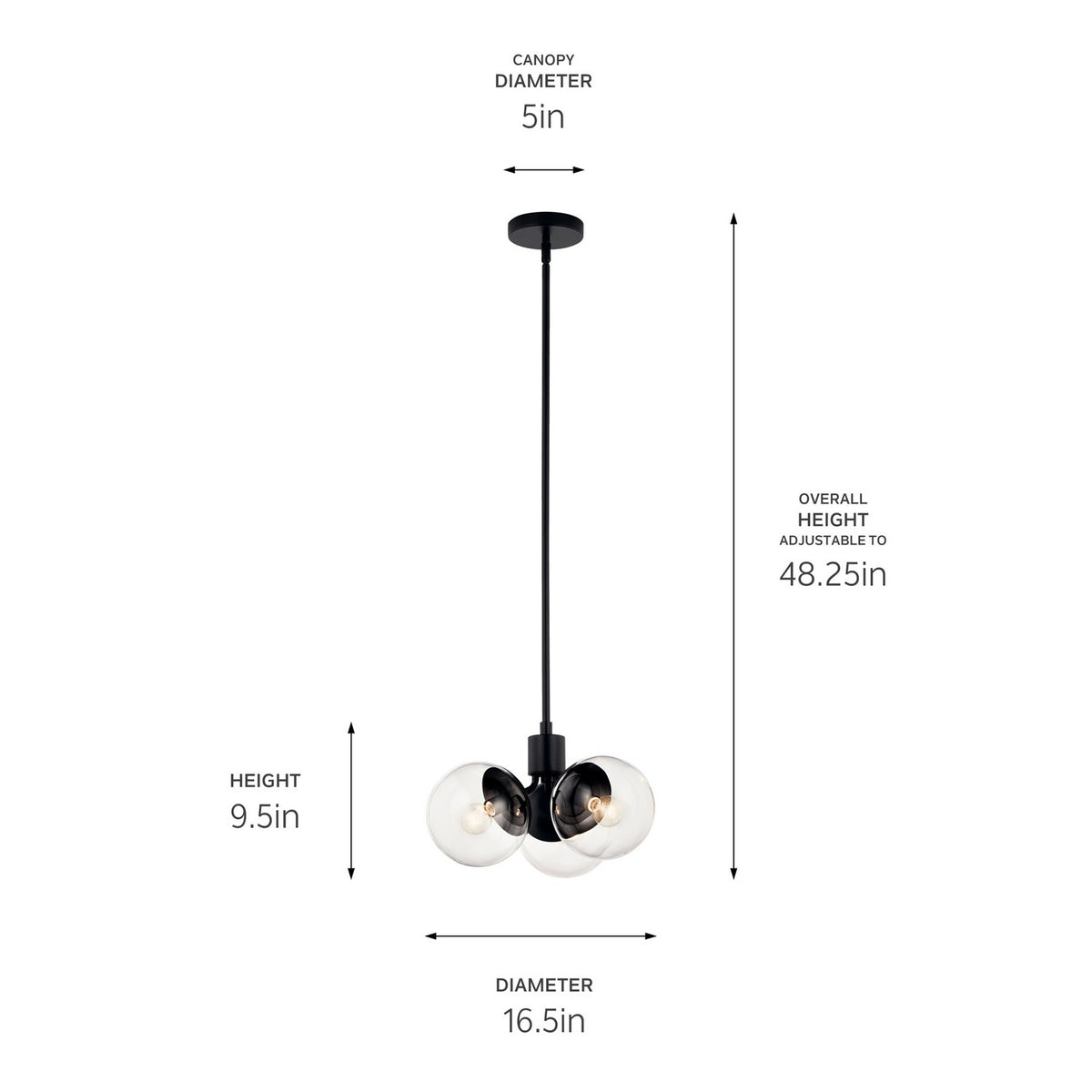 KICHLER 52700BKCLR Silvarious 16.5 Inch 3 Light Convertible Pendant With Clear Glass In Black