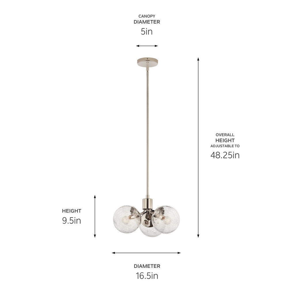 KICHLER 52700PN Silvarious 16.5 Inch 3 Light Convertible Pendant With Clear Crackled Glass In Polished Nickel