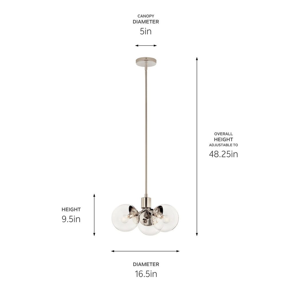KICHLER 52700PNCLR Silvarious 16.5 Inch 3 Light Convertible Pendant With Clear Glass In Polished Nickel