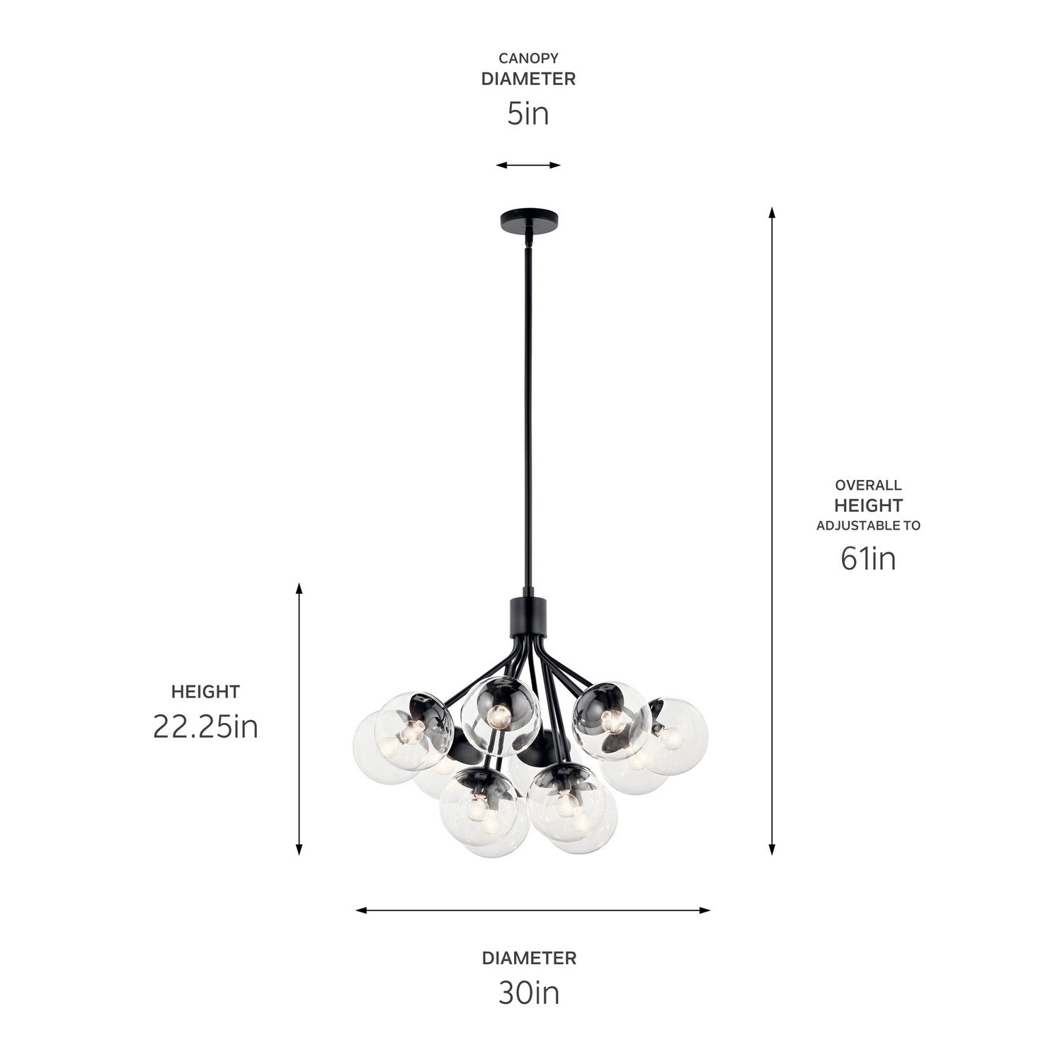 KICHLER 52701BKCLR Silvarious 30 Inch 12 Light Convertible Chandelier With Clear Glass In Black