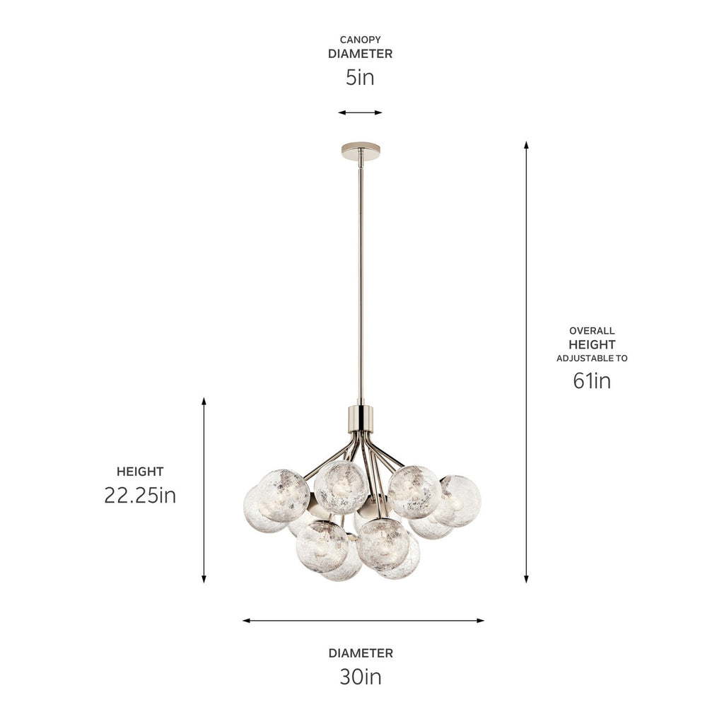 KICHLER 52701PN Silvarious 30 Inch 12 Light Convertible Chandelier With Clear Crackled Glass In Polished Nickel