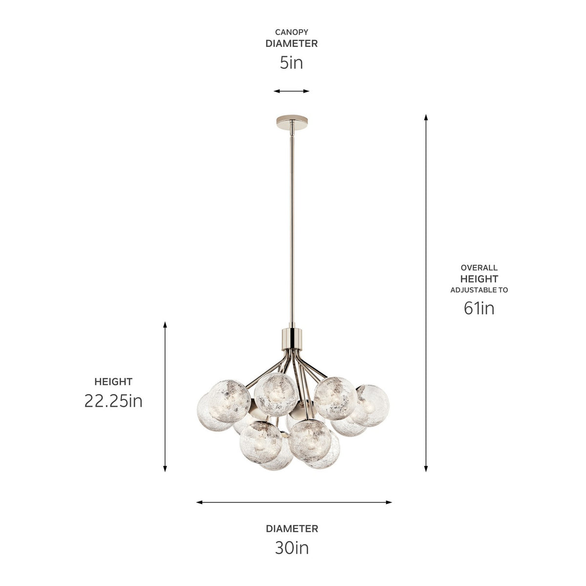 KICHLER 52701PN Silvarious 30 Inch 12 Light Convertible Chandelier With Clear Crackled Glass In Polished Nickel