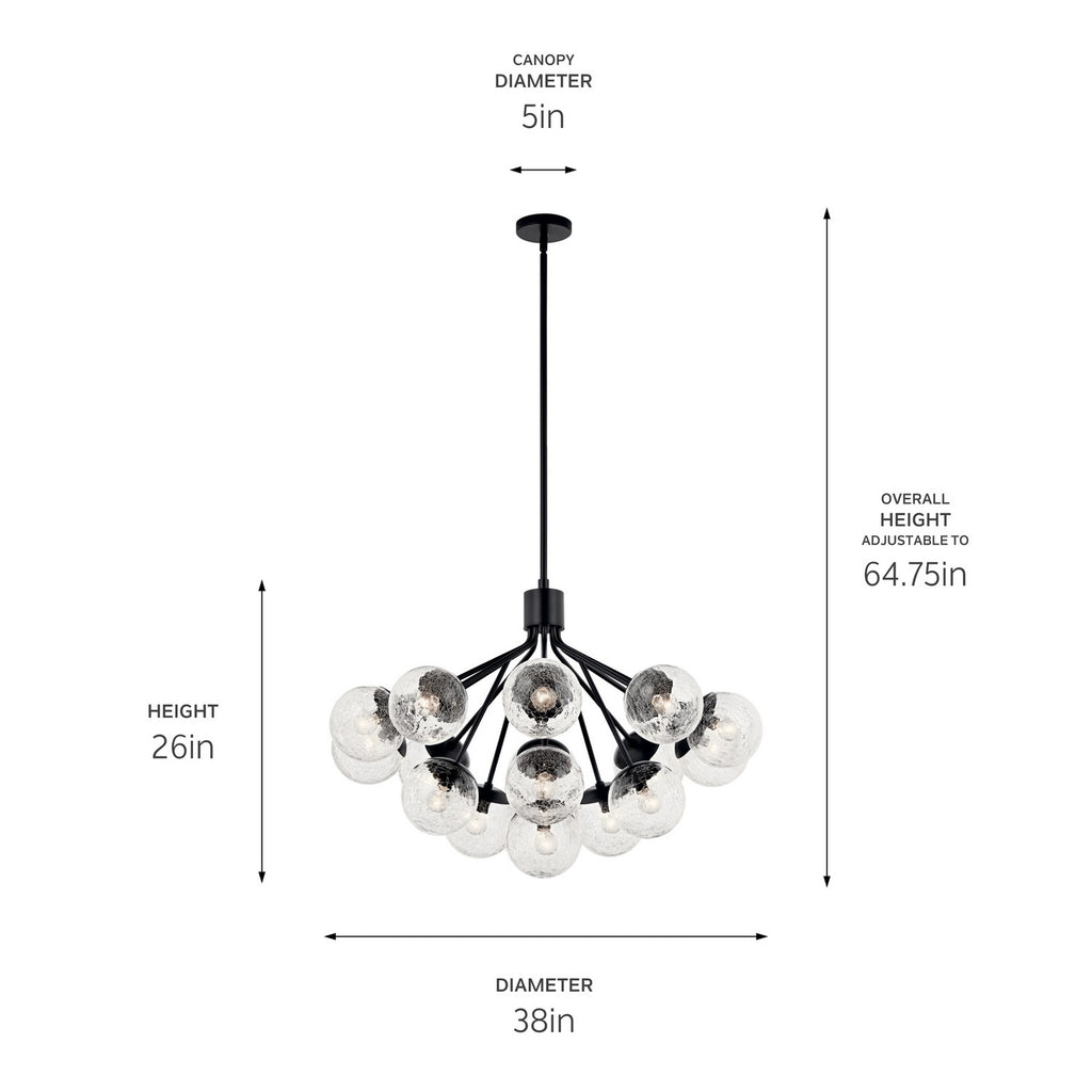 KICHLER 52702BK Silvarious 38 Inch 16 Light Convertible Chandelier With Clear Crackled Glass In Black