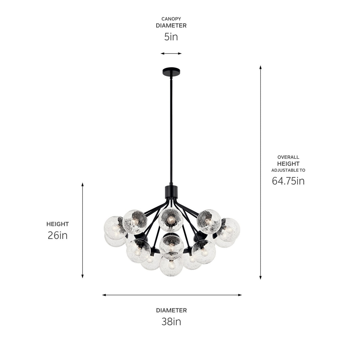 KICHLER 52702BK Silvarious 38 Inch 16 Light Convertible Chandelier With Clear Crackled Glass In Black