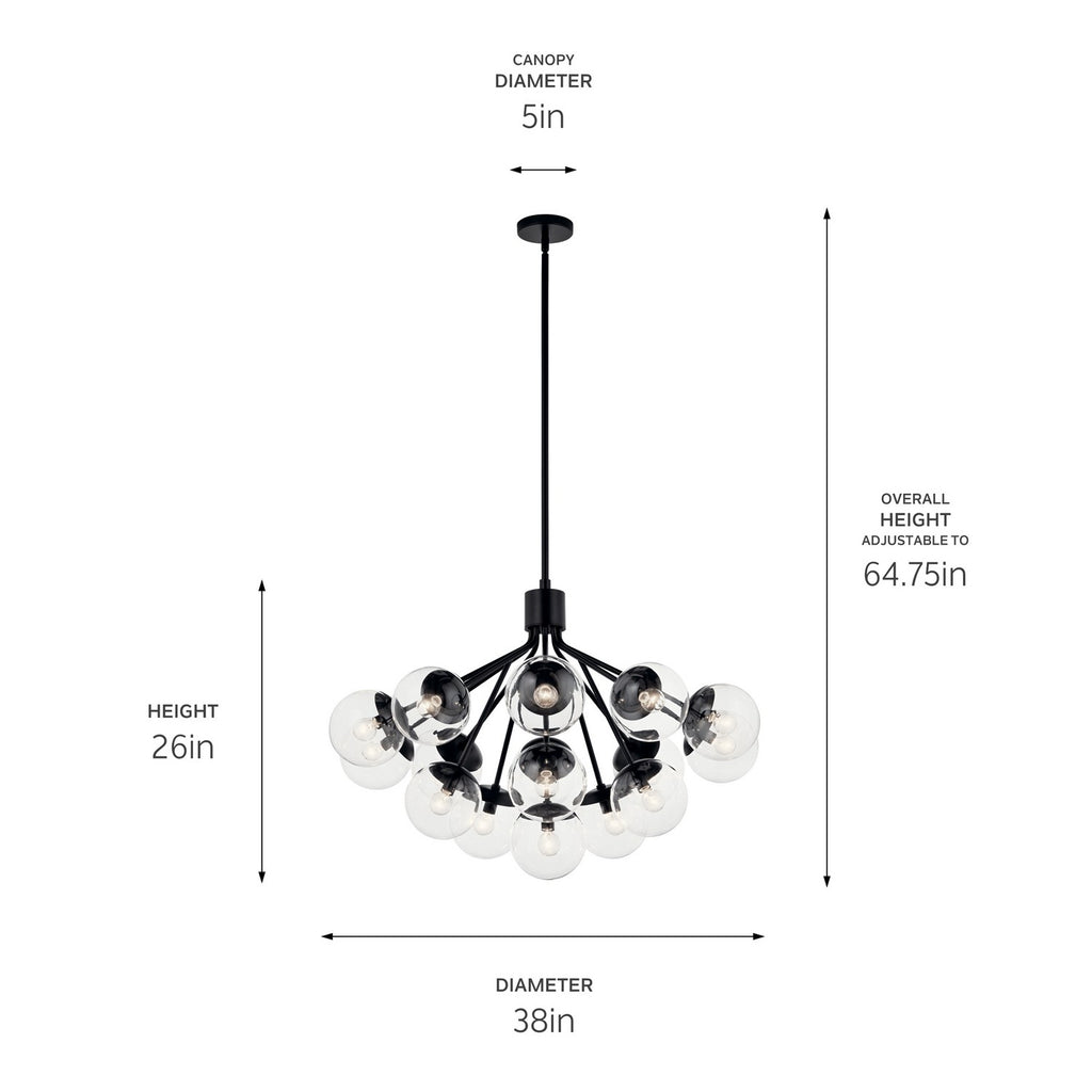 KICHLER 52702BKCLR Silvarious 38 Inch 16 Light Convertible Chandelier With Clear Glass In Black