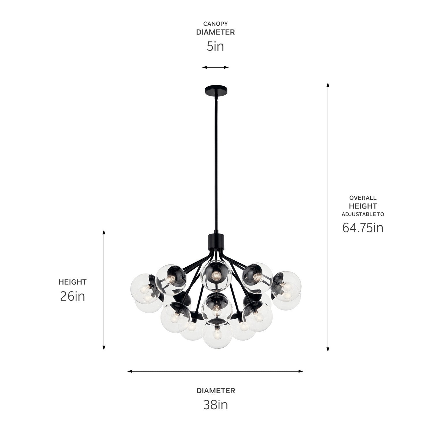 KICHLER 52702BKCLR Silvarious 38 Inch 16 Light Convertible Chandelier With Clear Glass In Black