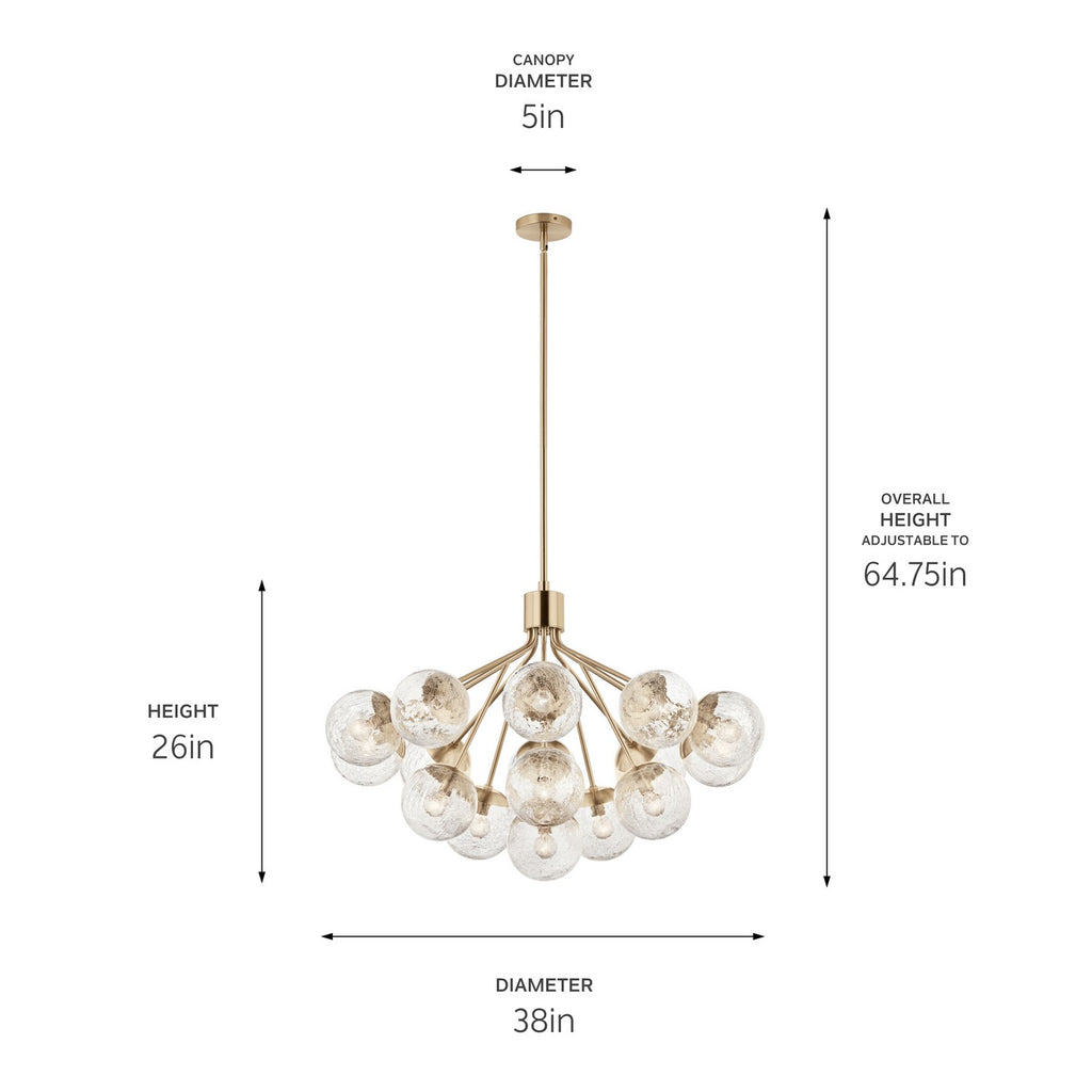 KICHLER 52702CPZ Silvarious 38 Inch 16 Light Convertible Chandelier With Clear Crackled Glass In Champagne Bronze