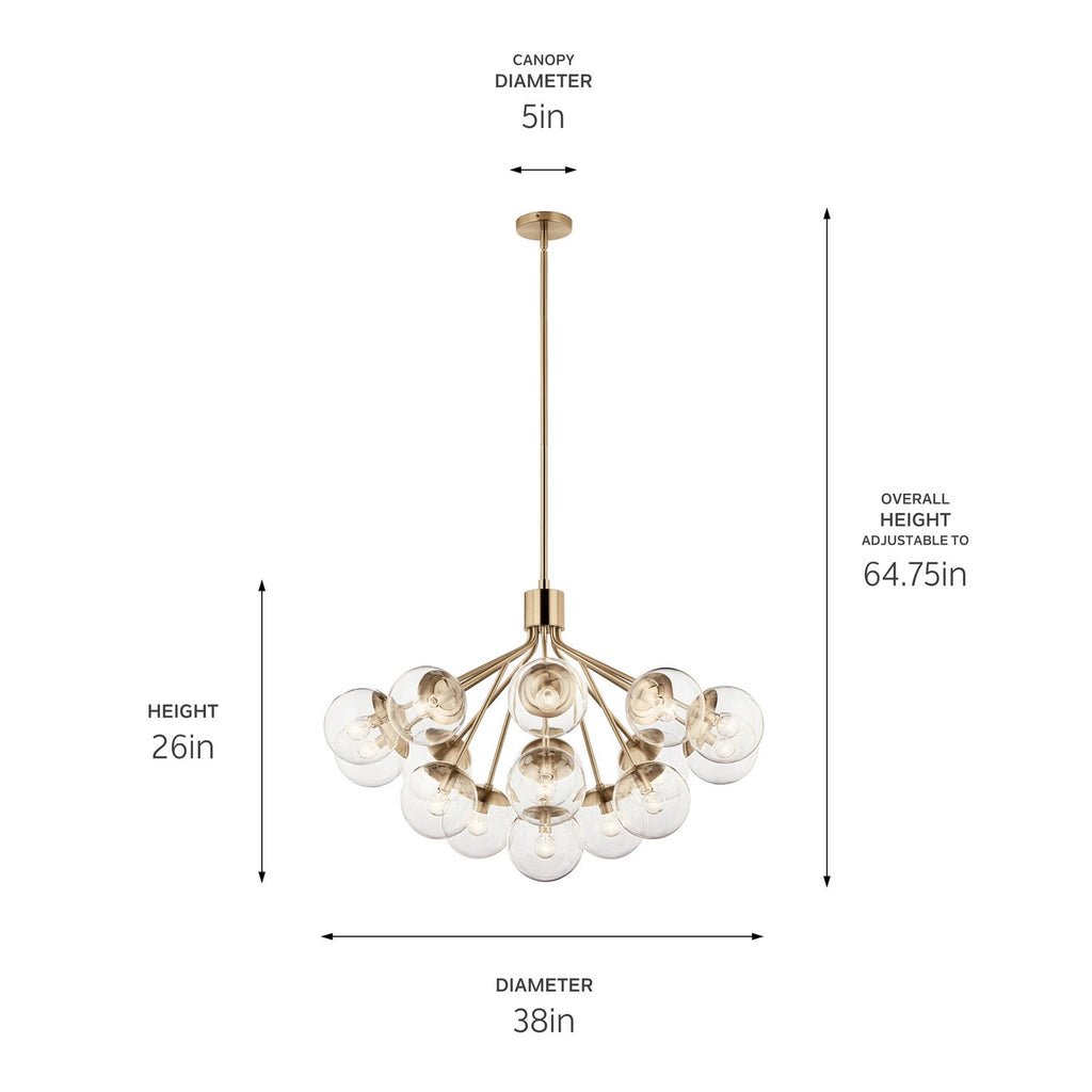 KICHLER 52702CPZCLR Silvarious 38 Inch 16 Light Convertible Chandelier With Clear Glass In Champagne Bronze