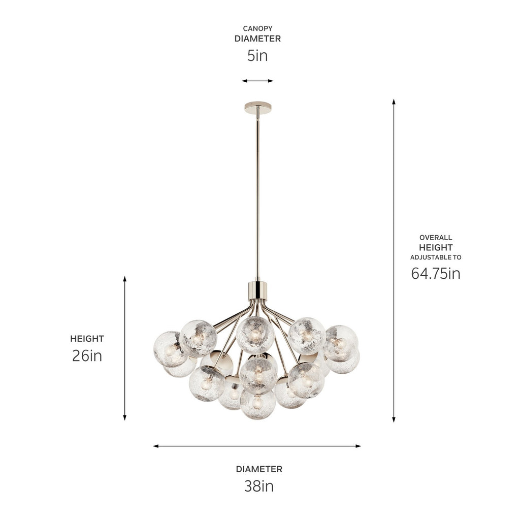 KICHLER 52702PN Silvarious 38 Inch 16 Light Convertible Chandelier With Clear Crackled Glass In Polished Nickel