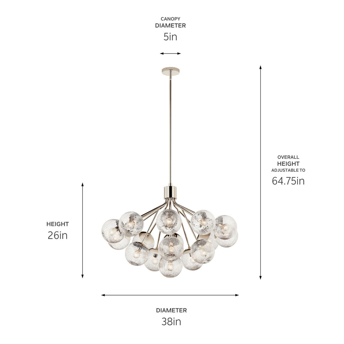 KICHLER 52702PN Silvarious 38 Inch 16 Light Convertible Chandelier With Clear Crackled Glass In Polished Nickel