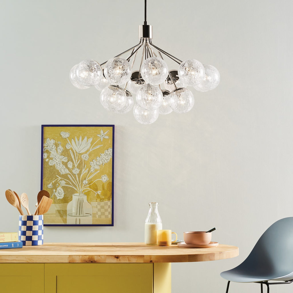 KICHLER 52702PN Silvarious 38 Inch 16 Light Convertible Chandelier With Clear Crackled Glass In Polished Nickel