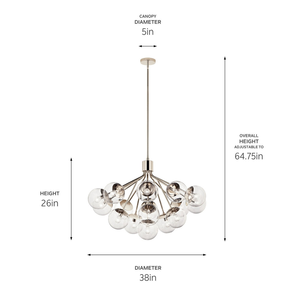 KICHLER 52702PNCLR Silvarious 38 Inch 16 Light Convertible Chandelier With Clear Glass In Polished Nickel