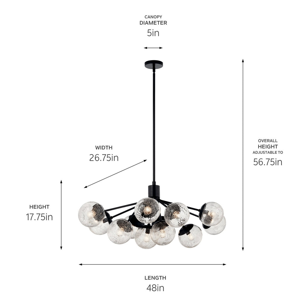 KICHLER 52703BK Silvarious 48 Inch 12 Light Linear Convertible Chandelier With Clear Crackled Glass In Black
